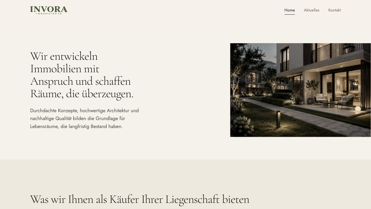 View of the published Invora website with its company introduction and property projects