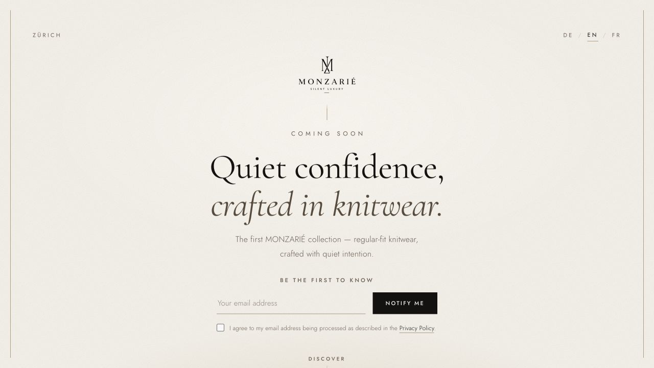 View of the published Monzarié website with its brand presentation and knitwear collection